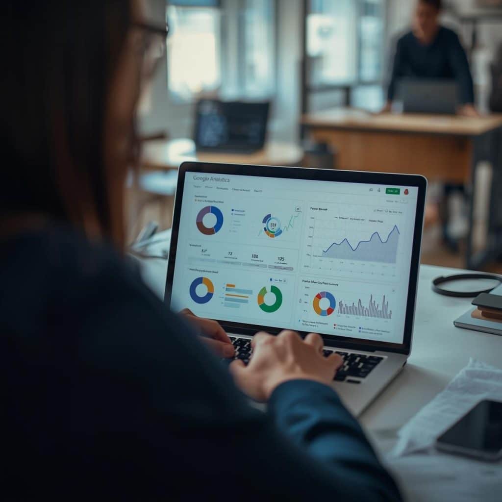 Marketingprofessional analyseert Google Analytics 4 dashboard op laptop